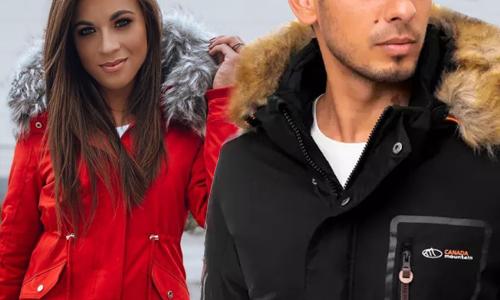 Muž a žena v zimnej bunde s kapucňou a kožušinou v čiernej a červenej farbe