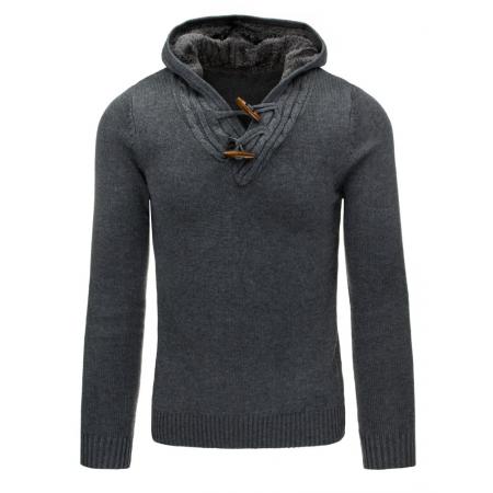 Stylový pánský svetr do v s oteplenou kapucí antracitový