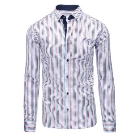 Bílá pánská košile mřížkovaný vzor s dlouhým rukávem slim fit