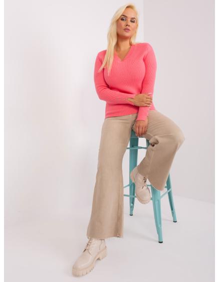 Dámský svetr s výstřihem do V plus size PYLA korálový