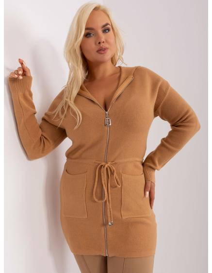 Dámsky plus size sveter s vreckami AGEON hnedý