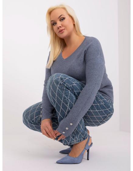 Dámsky plus size sveter s výstrihom do V KRE sivomodrý