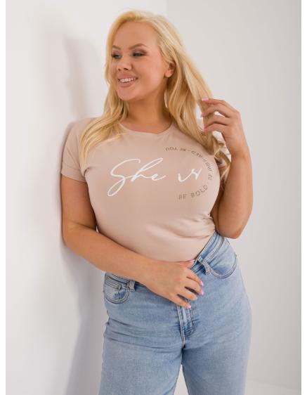 Dámske tričko s kamennou aplikáciou a nápisom plus size béžová