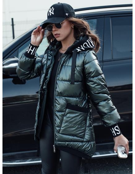 Dámsky prechodný prešívaný kabát s kapucňou FASHION CHIC zelený
