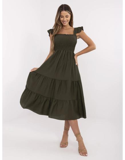 Khaki midi šaty s elastickými záhybmi