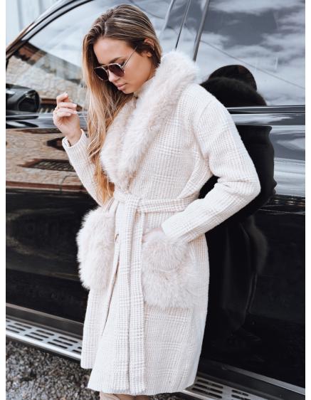 Női kabát szőrme gallérral, bézs színű