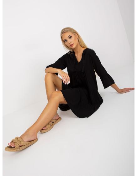 Női fodros, V-nyakú, viszkóz boho ruha LINDY fekete