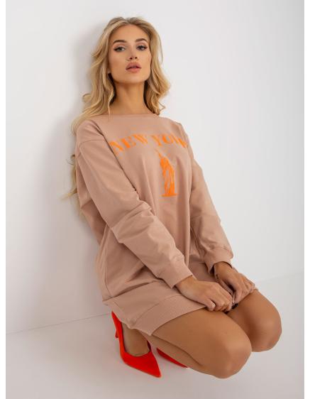 Dámska mikina s potlačou dlhá oversize ADALYNN béžovo-oranžová