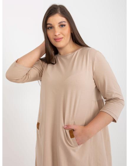 Dámske šaty s 3/4 rukávmi plus size mini DALENNE tmavo béžové