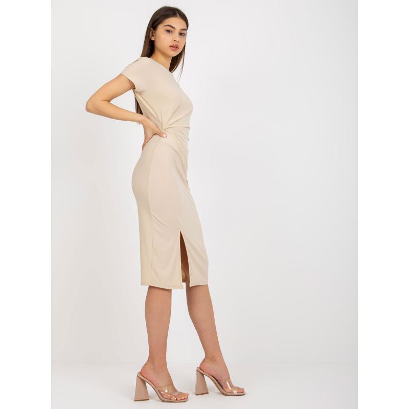 Dámské šaty se záhyby midi koktejlové GUSTA béžové