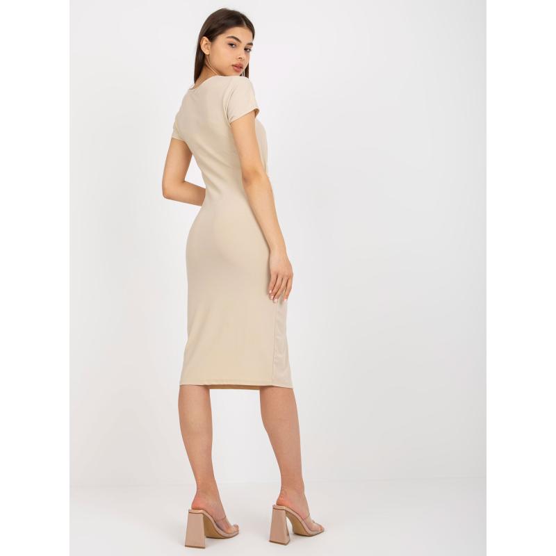 Dámské šaty se záhyby midi koktejlové GUSTA béžové