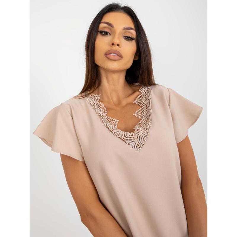 Dámské šaty s výstřihem do V RUE PARIS béžové 