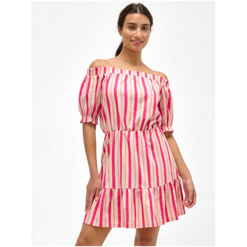 Růžové pruhované lněné šaty s odhalenými rameny