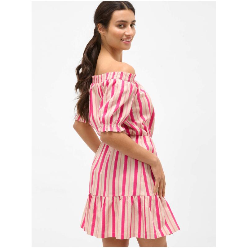 Růžové pruhované lněné šaty s odhalenými rameny
