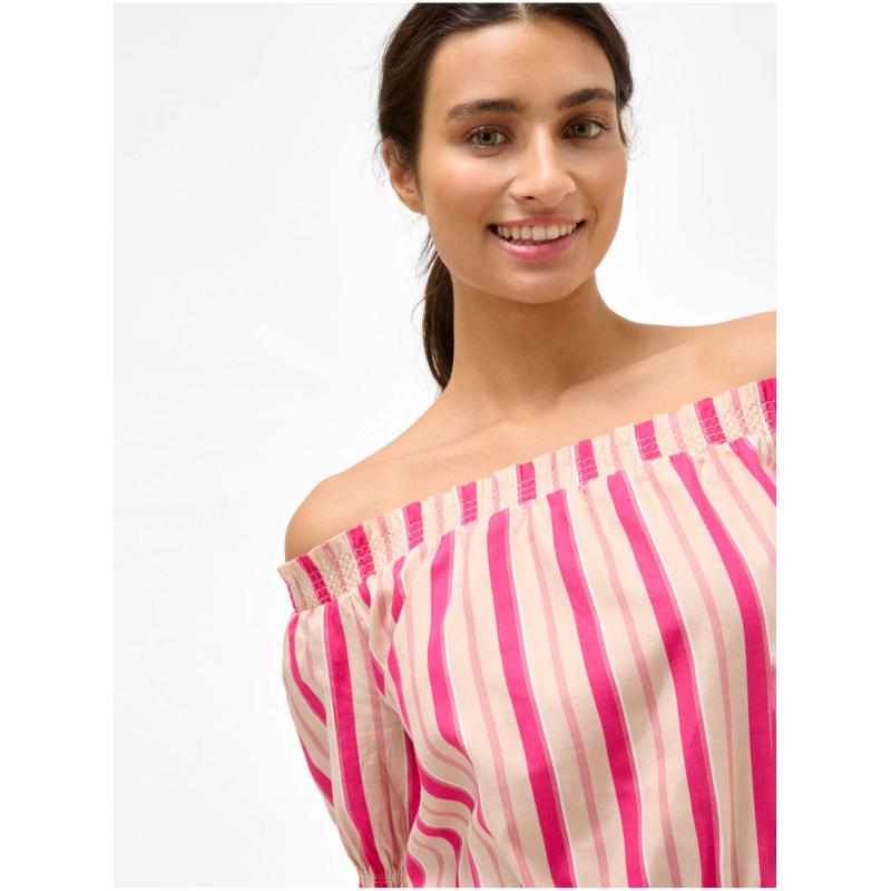 Růžové pruhované lněné šaty s odhalenými rameny
