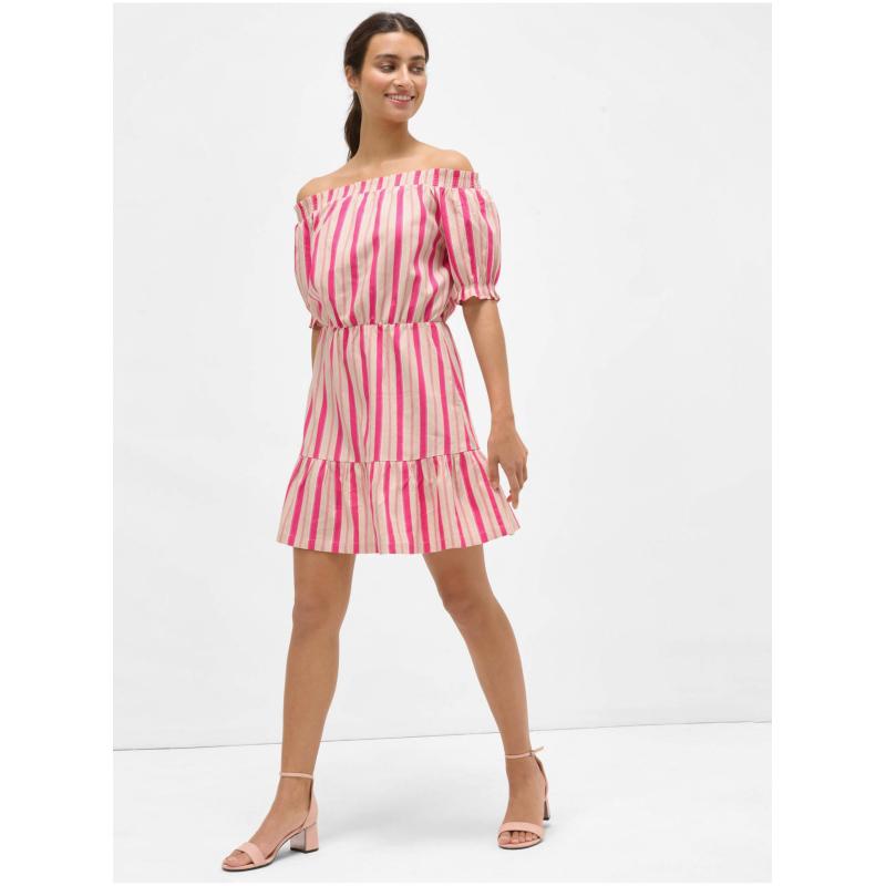 Růžové pruhované lněné šaty s odhalenými rameny