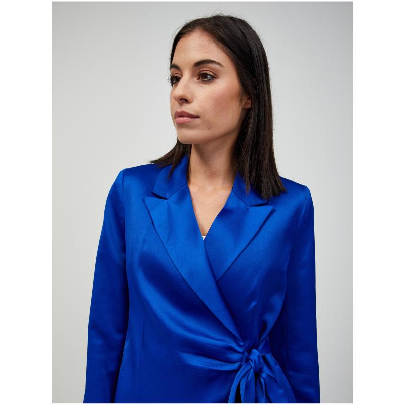 Tmavomodré saténové sako so zaväzovaním