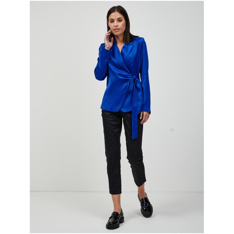 Tmavomodré saténové sako so zaväzovaním
