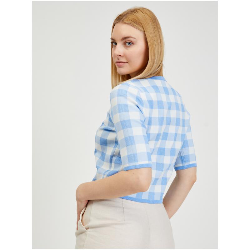 Světle modrý dámský kostkovaný kardigan