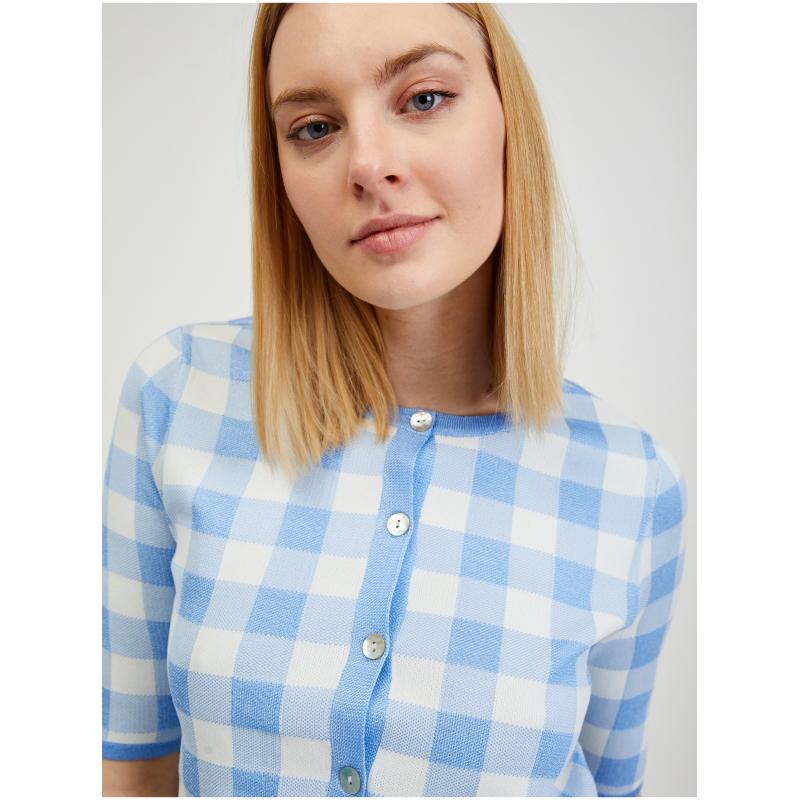 Světle modrý dámský kostkovaný kardigan