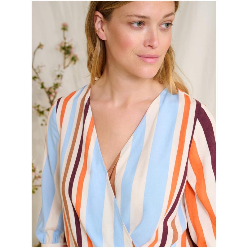 Kék és narancssárga csíkos, háromnegyedes ujjú blúz 34