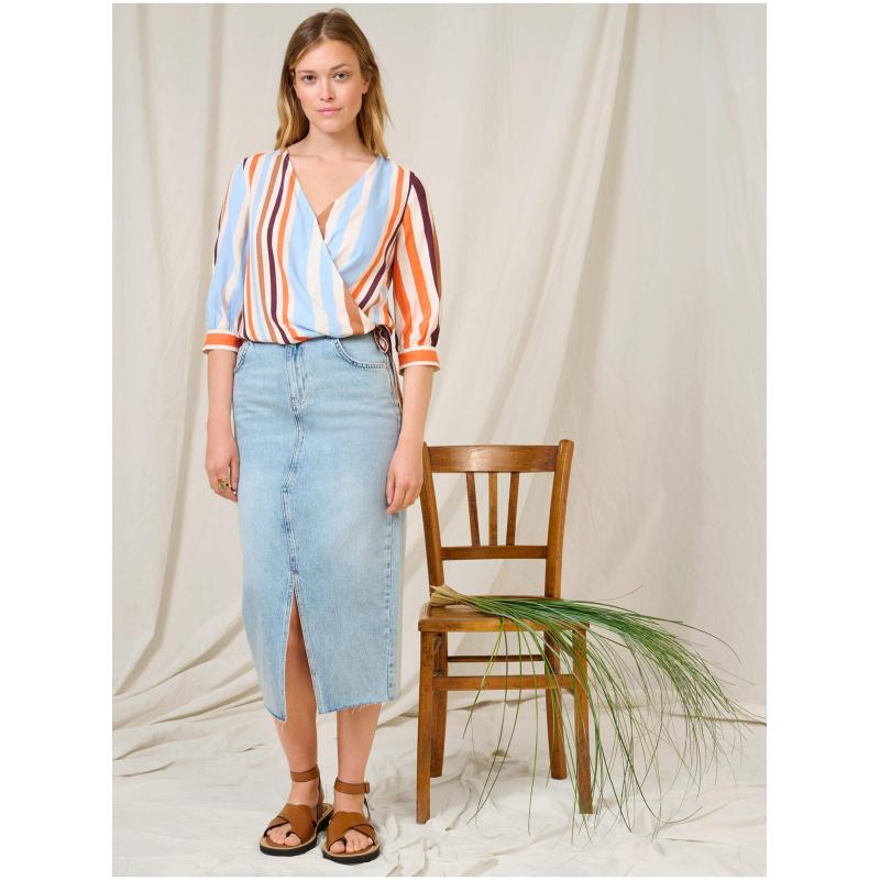 Kék és narancssárga csíkos, háromnegyedes ujjú blúz 34