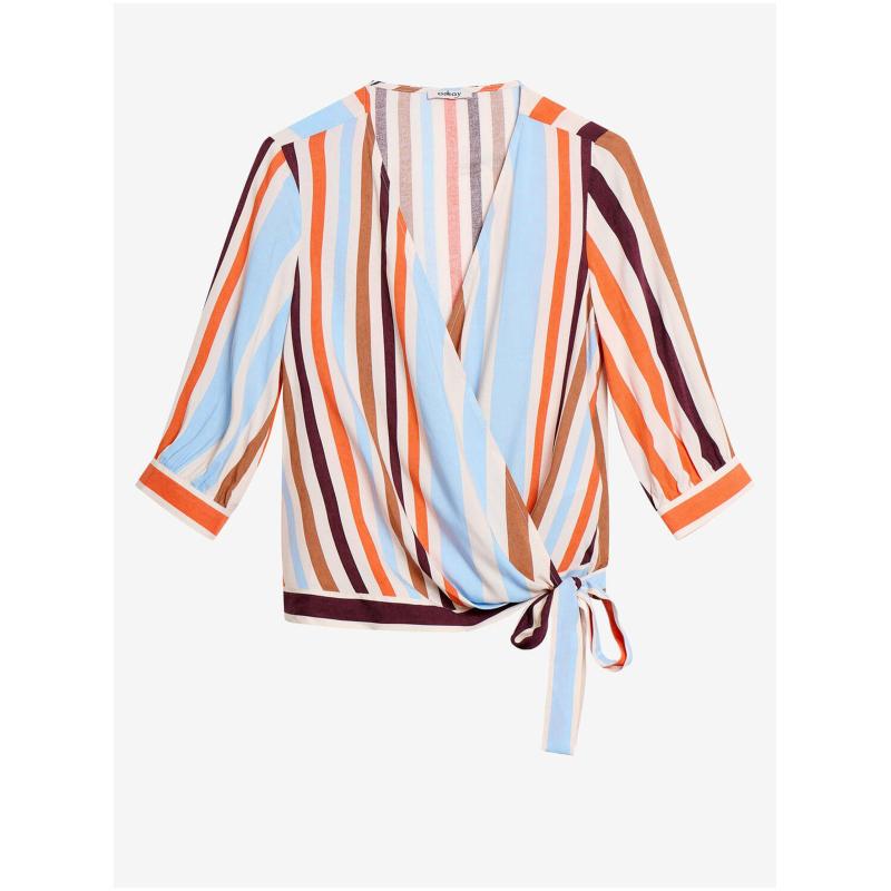 Kék és narancssárga csíkos, háromnegyedes ujjú blúz 34