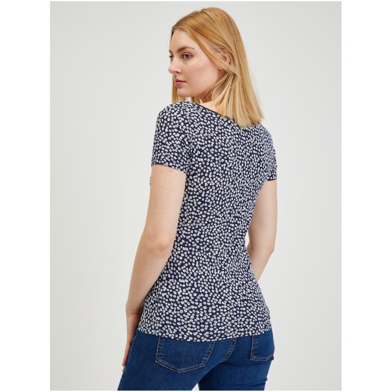 Tmavě modré dámské květované tričko