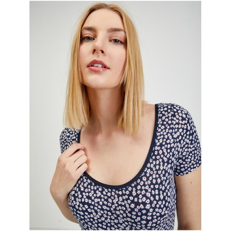 Tmavě modré dámské květované tričko