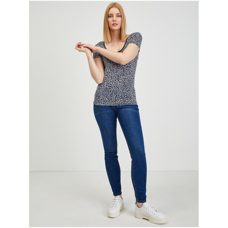 Tmavě modré dámské květované tričko