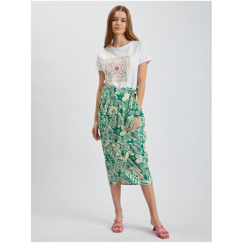 Krémová a zelená dámska vzorovaná zavinovacia midi sukňa s plátnom