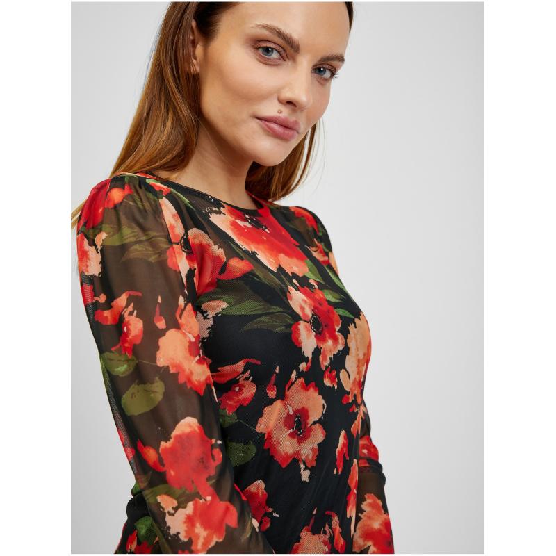 Červeno-černé dámské květované tričko