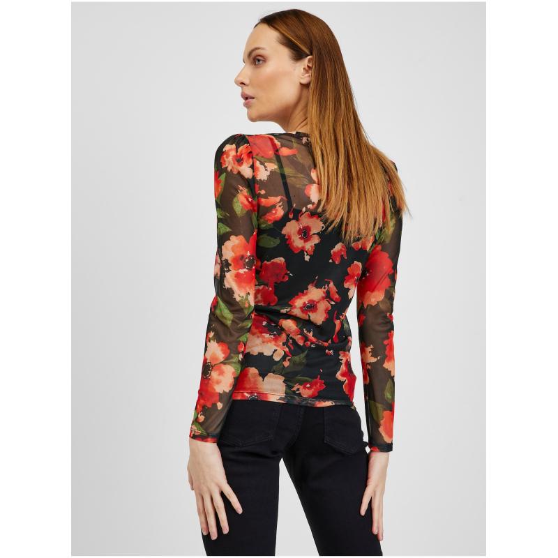 Červeno-černé dámské květované tričko