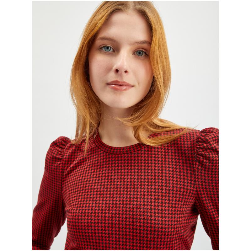 Piros női hosszú ujjú, mintás póló