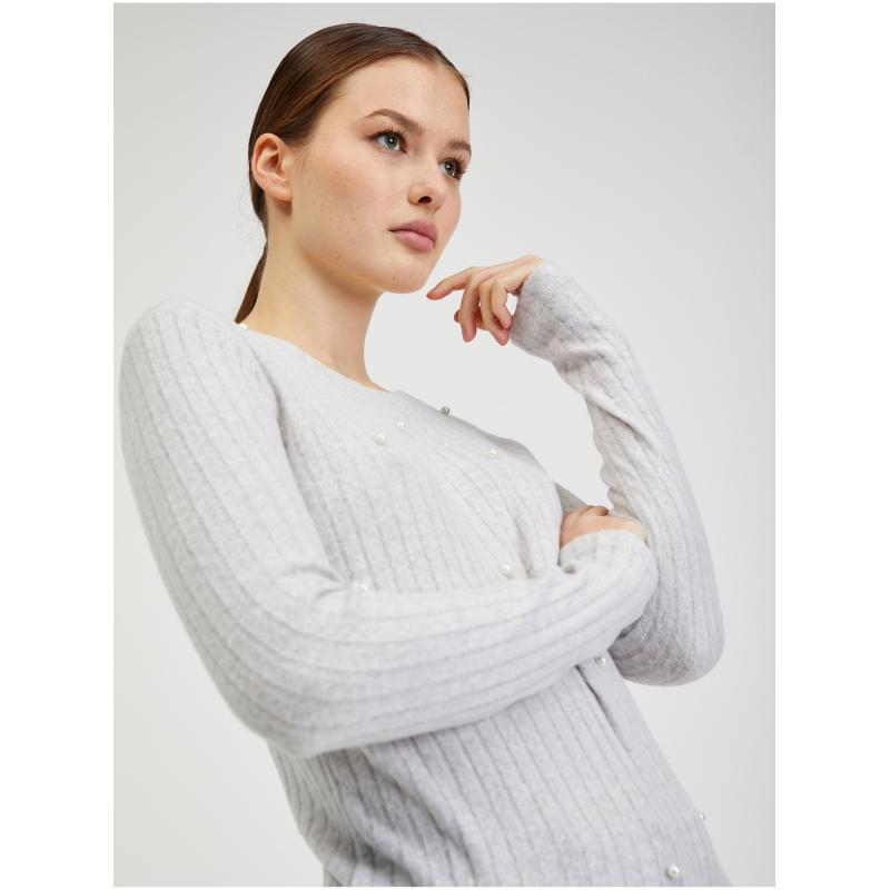 Světle šedý dámský žebrovaný svetr