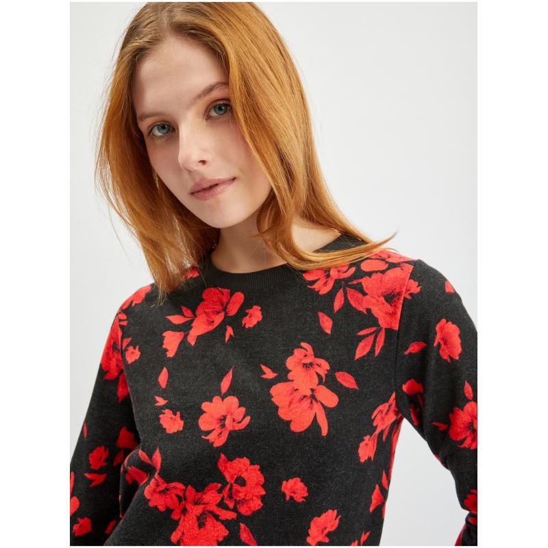 Piros és fekete női virágos pulóver