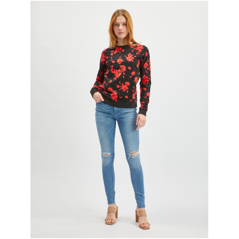 Piros és fekete női virágos pulóver