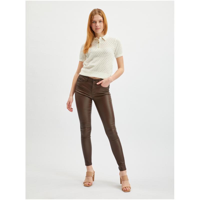 Tmavohnedé dámske kožené nohavice skinny fit ORSAY 34