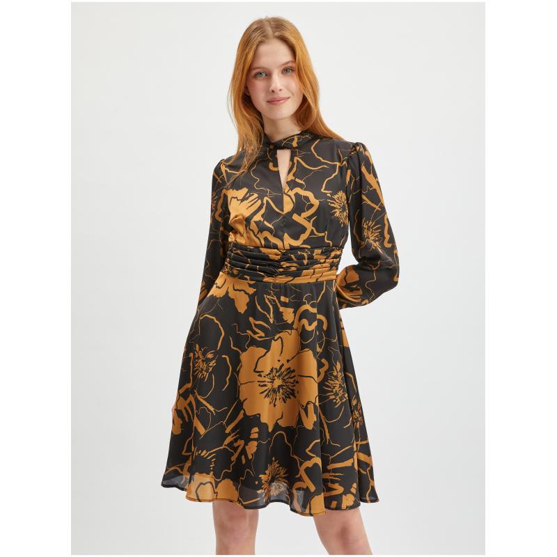 Hnědo-černé dámské květované saténové šaty