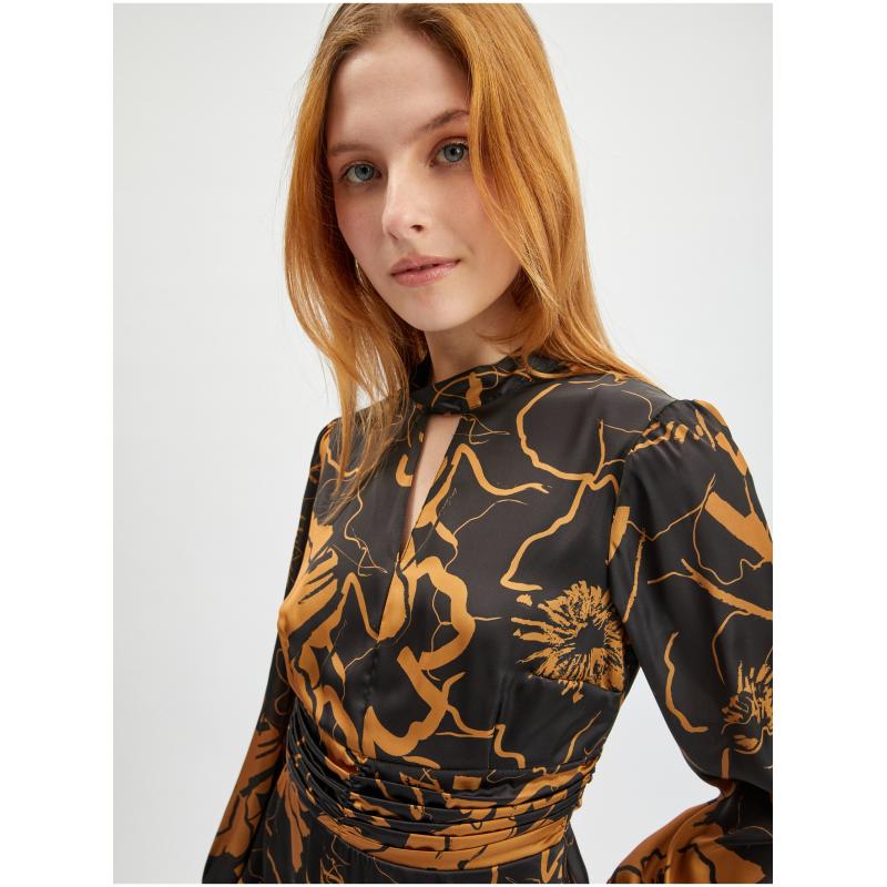 Hnědo-černé dámské květované saténové šaty