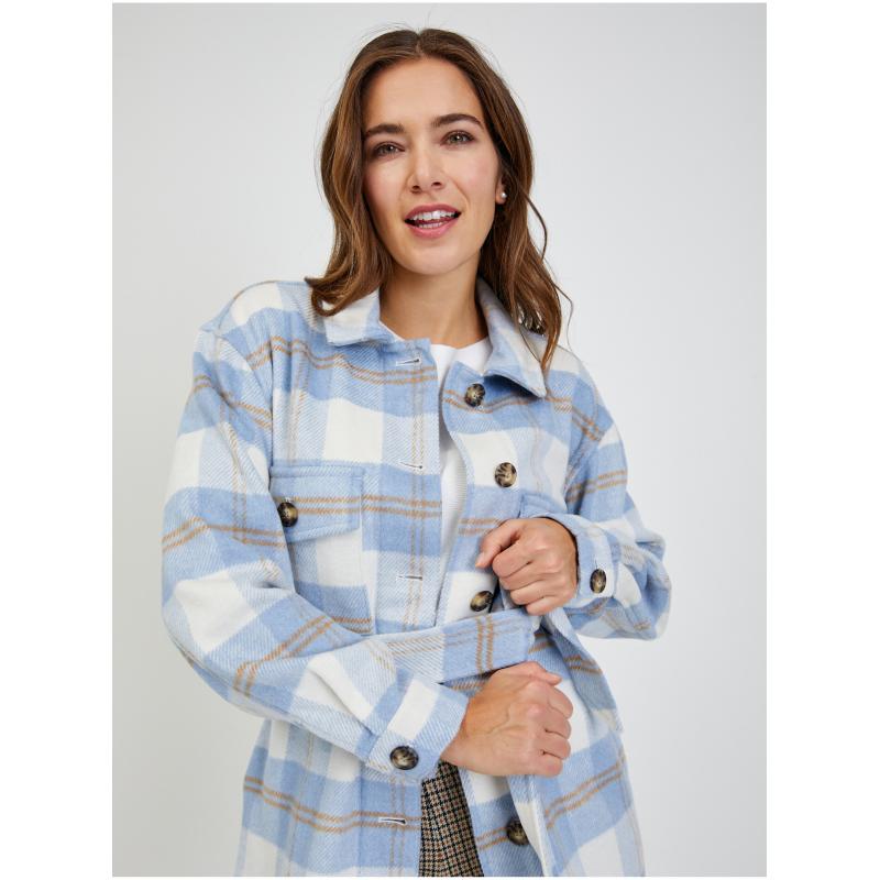 Fehér és kék női kockás ingkabát nyakkendővel