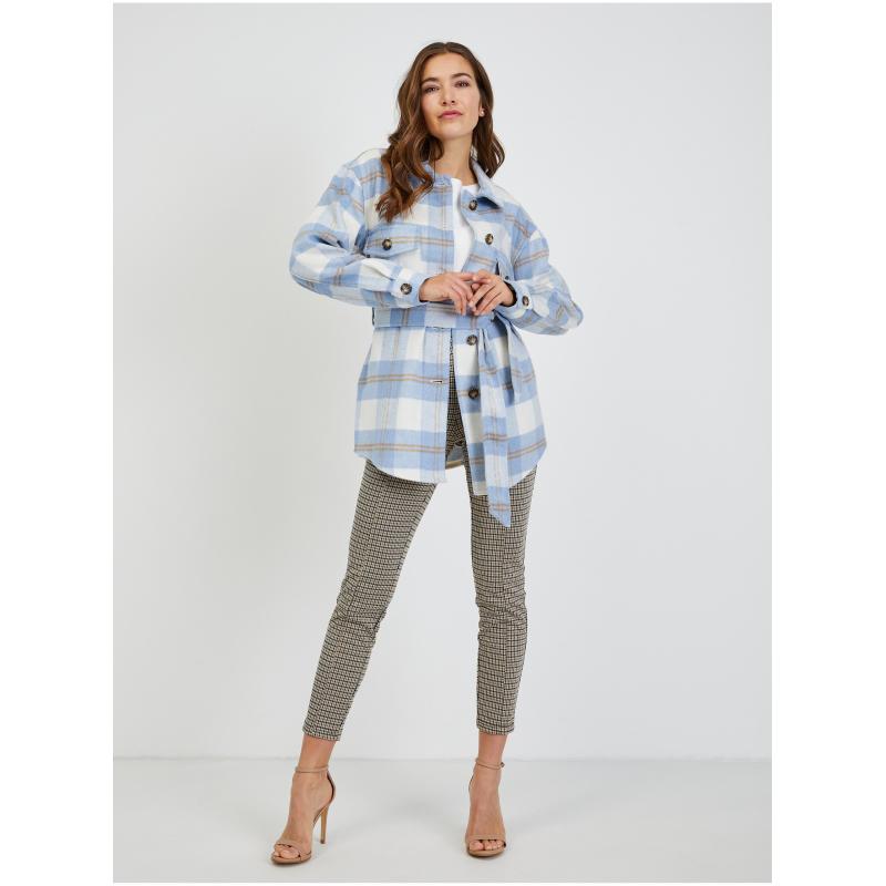 Fehér és kék női kockás ingkabát nyakkendővel