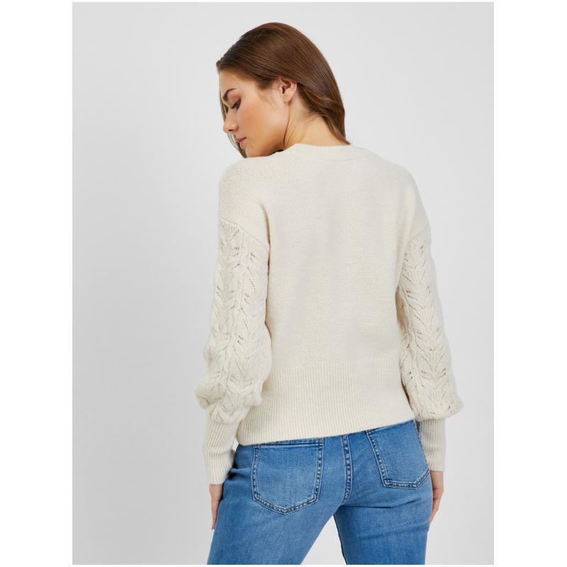 Krémový dámsky vzorovaný sveter s balónovými rukávmi