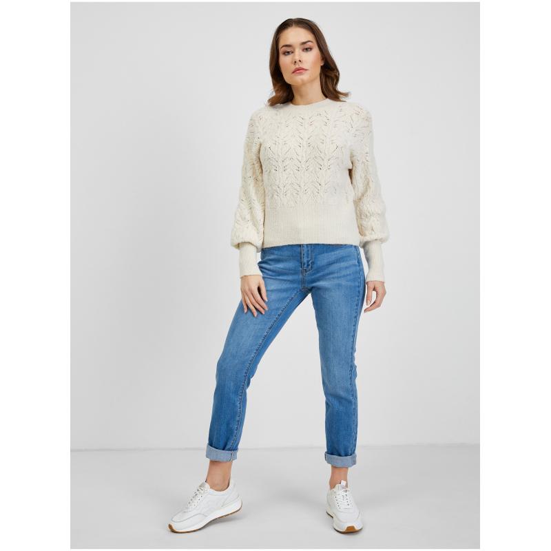 Krémový dámsky vzorovaný sveter s balónovými rukávmi
