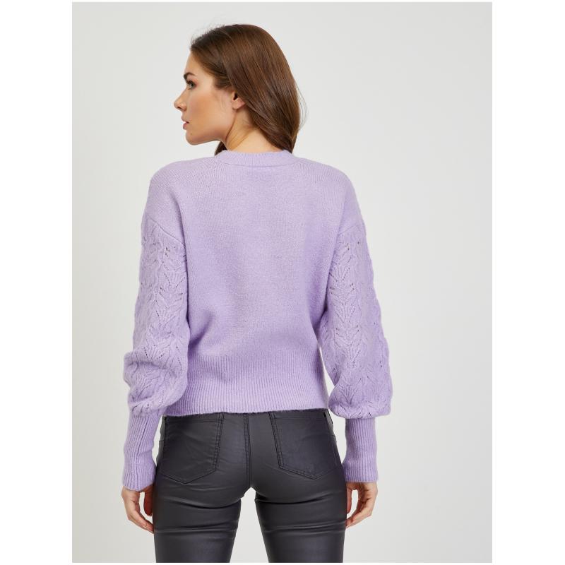 Világos lila női mintás pulóver ballonos ujjal