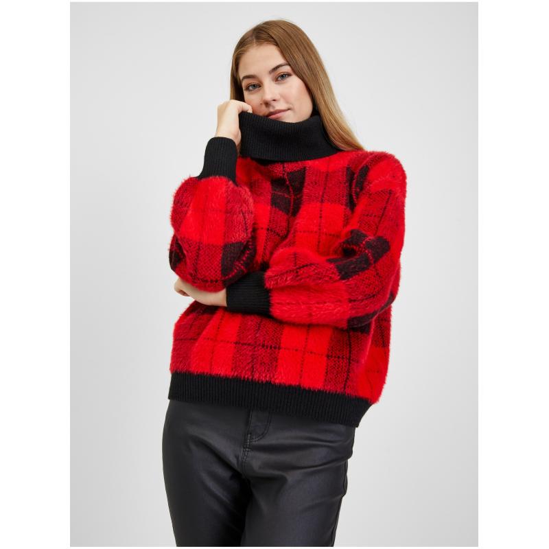 Fekete és piros női kockás pulóver