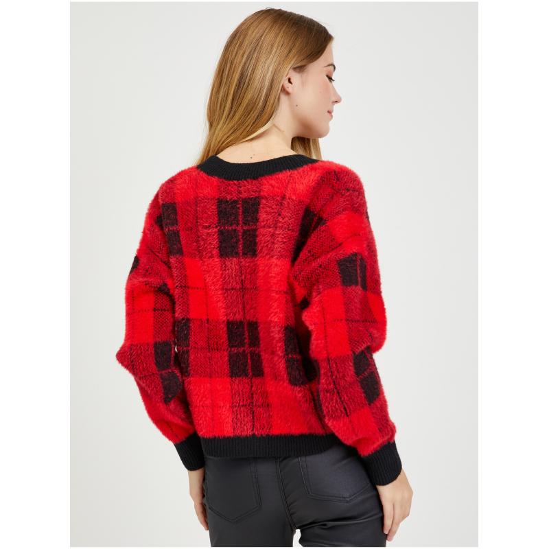 Černo-červený dámský kostkovaný kardigan