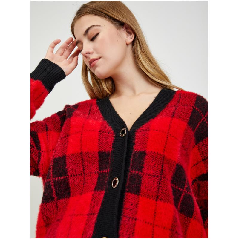 Černo-červený dámský kostkovaný kardigan