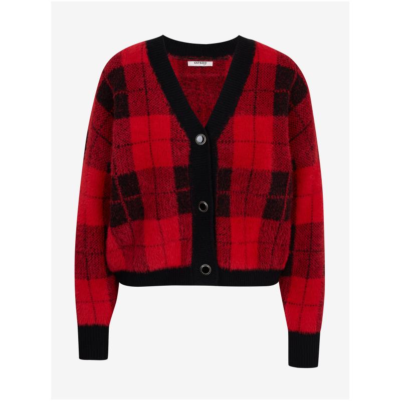 Černo-červený dámský kostkovaný kardigan