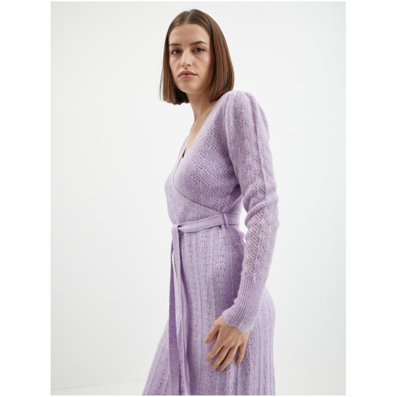 Svetlofialové dámske šaty midi so svetrom zo zmesi vlny